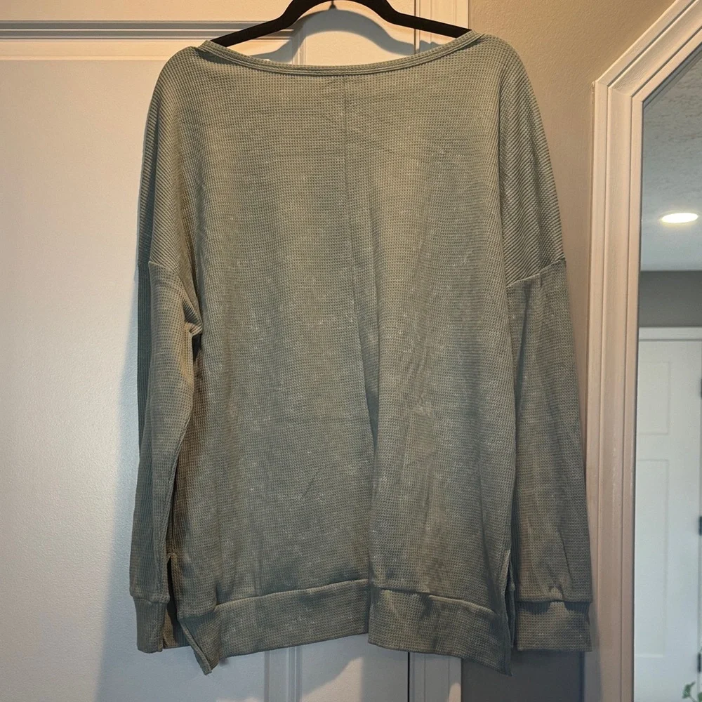 Womens Oversized Waffle Knit Crewneck Sweatshirts Side Slits Casual Pullover Top - Picture 3 of 7